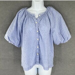 ON 34TH Top Women's Blue Eyelet Cotton‎ Button Up Blouse Sz L Puff Sleeve Boho